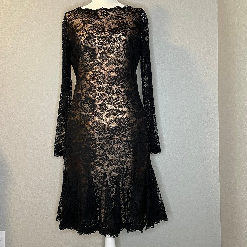 NWT Oscar de la Renta Black Lace Long-Sleeve Fit-and-Flare Dress